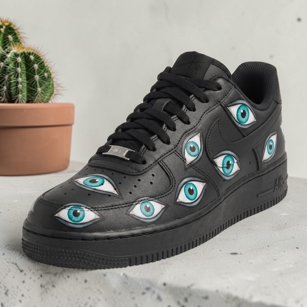 Hand Painted Eyes Black AF1 Sneakers, Custom Teal Eyes Pattern Sneakers, Realistic Eye AF1 Style, Unique Streetwear Gift. - Custom Hand-Painted Shoes | ZivoSell