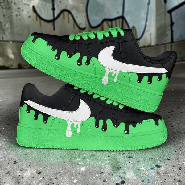 Neon Green Drip Custom Sneakers, Black & Lime High-Top Shoes, Hand-Painted Slime Design Trainers - Custom Hand-Painted Shoes | ZivoSell
