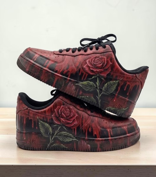 Custom Red Rose Drip Sneakers, Hand Painted Bloody Red Rose Shoes, Horror Style Black Shoes, Unique Gift for Halloween. - Custom Hand-Painted Shoes | ZivoSell