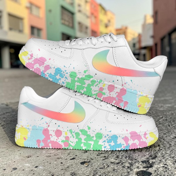 Custom Pastel Paint Drip Splatter AF1 Sneakers, Hand Painted Rainbow Sneakers, White Design AF1 Sneakers, Unique Art AF1 Shoes. - Custom Hand-Painted Shoes | ZivoSell