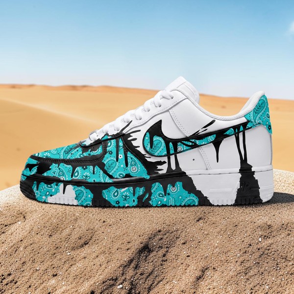 Hand Painted Turquoise Bandana and Black Splatter AF1 Sneakers, Custom Street White Sneakers, Unique Gift for Him and Her. - Custom Hand-Painted Shoes | ZivoSell