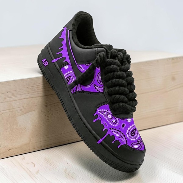 Hand-Painted Neon Purple Bandana AF1 Sneakers, Custom Black and Purple Drip Shoes, Paisley Custom AF1 Sneakers, Unique Urban Style Shoes. - Custom Hand-Painted Shoes | ZivoSell