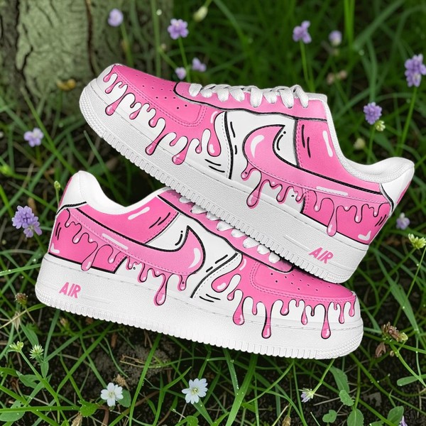 Pink Drip Sneakers, Custom Hand-Painted Bubble Gum Design, Artistic Melting Paint High-Top Shoes, Personalized Candy Art Sneakers - Custom Hand-Painted Shoes | ZivoSell