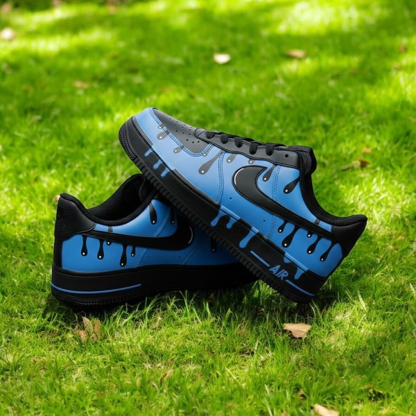 Black Blue Drip Custom Air Force 1 Sneakers, Hand Painted Black Blue Drip AF1 Shoes, Personalized Black AF1 Shoes - Custom Hand-Painted Shoes | ZivoSell