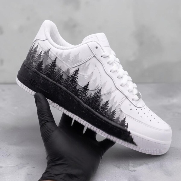 Custom Black and White Pine Tree AF1 Sneakers, Hand Painted Forest Landscape Shoes, Winter Style AF1 Shoes, Black and White Sneakers - Custom Hand-Painted Shoes | ZivoSell