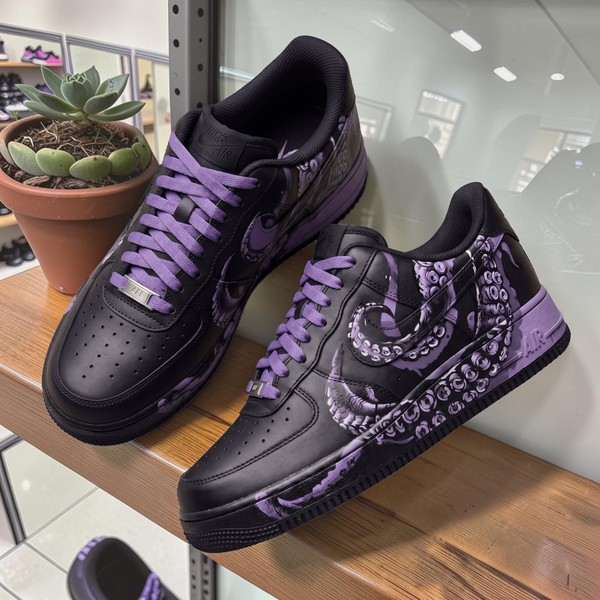 Black & Purple Studded Sneakers, Custom Chain Detail Low-Top Shoes, Edgy Personalized Streetwear Sneakers - Custom Hand-Painted Shoes | ZivoSell