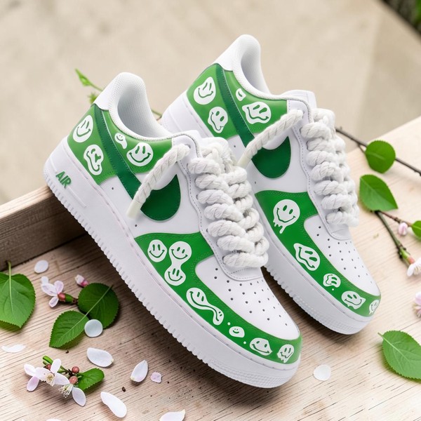 Green Smiley Face Sneakers, White Custom Painted Shoes, Hand-Painted Cheerful Design Sneakers, Personalized Happy Pattern Shoes - Custom Hand-Painted Shoes | ZivoSell