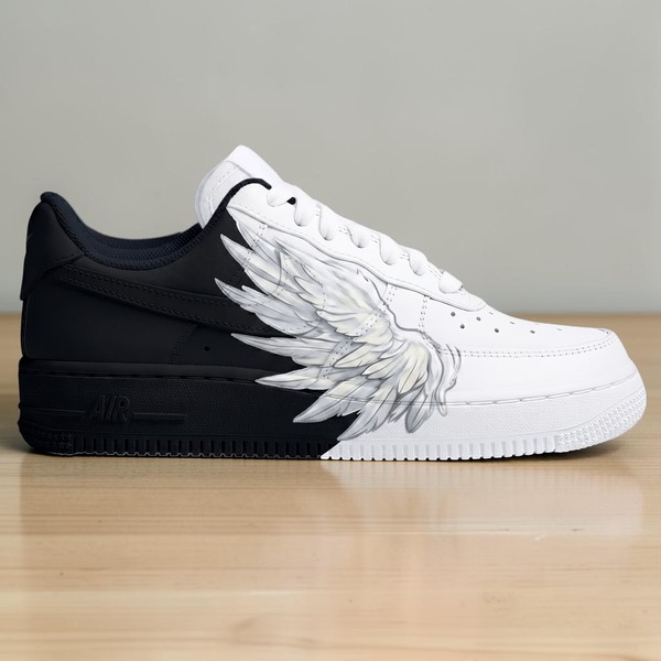 Custom Angel Wings AF1 Sneakers, Hand Painted Black and White Sneakers, Personalized Wing Design Footwear, Heavenly Wings Custom Shoes. - Custom Hand-Painted Shoes | ZivoSell