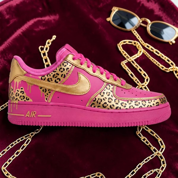 Custom Pink Leopard AF1, Hand Painted Gold Leopard Sneakers, Unique Leopard Shoes, Gift for Him Her. - Custom Hand-Painted Shoes | ZivoSell
