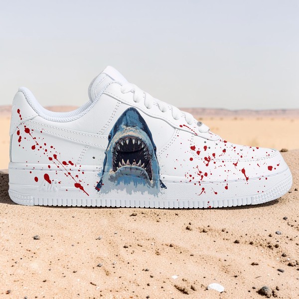 Custom White Shark AF1 Sneakers, Hand Painted Shark Attack Shoes, Blood Splatter Effect AF1, Horror Style Shoes. - Custom Hand-Painted Shoes | ZivoSell