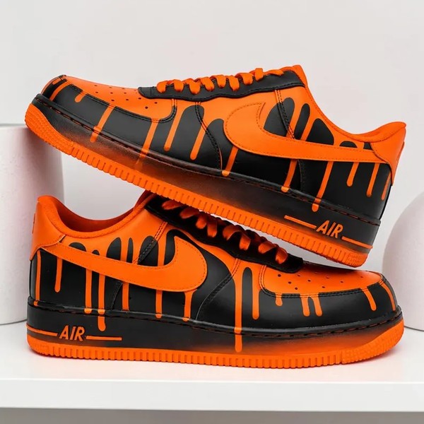 Custom Orange Drip AF1 Sneakers, Hand-Painted Black Streetwear Shoes - Custom Hand-Painted Shoes | ZivoSell