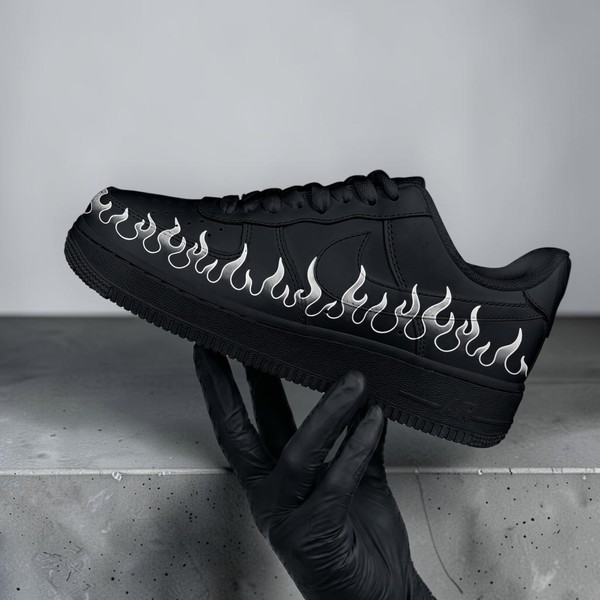 Custom Black Flame Sneakers, Hand Painted White Silver Fire Shoes, Unique Custom Black Sneakers, Gift for Him Her. - Custom Hand-Painted Shoes | ZivoSell