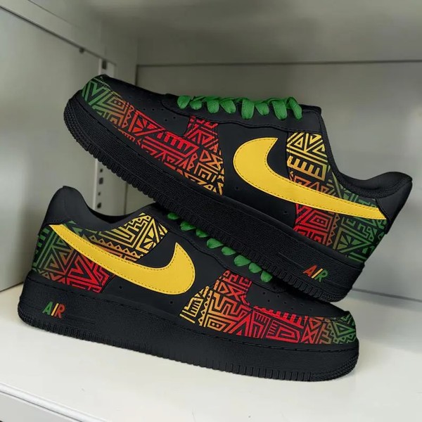Hand Painted Tribal AF1 Sneakers, Custom African Tribal Shoes, Design Green Yellow and Red on Black AF1 Sneakers, Gift for Him Her. - Custom Hand-Painted Shoes | ZivoSell