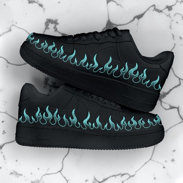 Custom Black Sneakers with Cyan Flame Design, Hand-Painted Fire Pattern High-Tops, Personalized Streetwear Shoes - Custom Hand-Painted Shoes | ZivoSell
