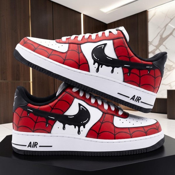 Spider Web Custom High-Top Sneakers, Red White Black Hand-Painted Drip Design Shoes, Personalized Comic Art Sneakers - Custom Hand-Painted Shoes | ZivoSell
