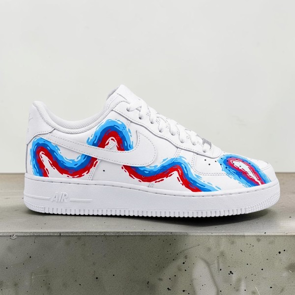 Custom Wave Sneakers, Hand-Painted Red Blue Swirl Design, Artistic Water Pattern Shoes, Personalized Low-Top Sneakers - Custom Hand-Painted Shoes | ZivoSell