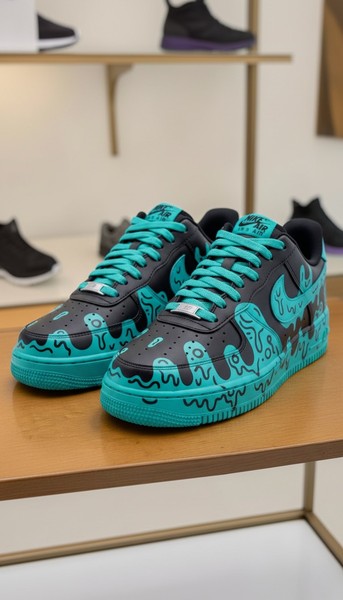 Turquoise Drip Custom Sneakers, Black High-Top Street Art Shoes, Hand-Painted Graffiti Design Trainers - Custom Hand-Painted Shoes | ZivoSell