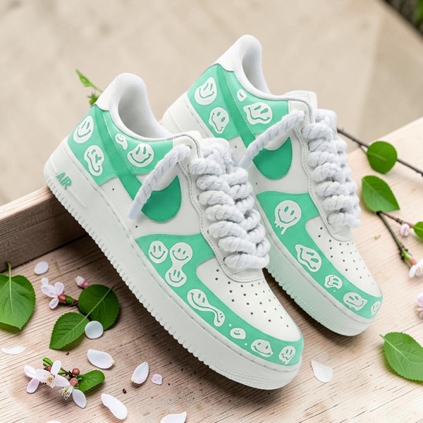 Custom Teal Smiley Face AF1 Sneakers, Hand-Painted Teal Melting Shoes, Unique Design White AF1 Sneakers, Gift for Him Her. - Custom Hand-Painted Shoes | ZivoSell