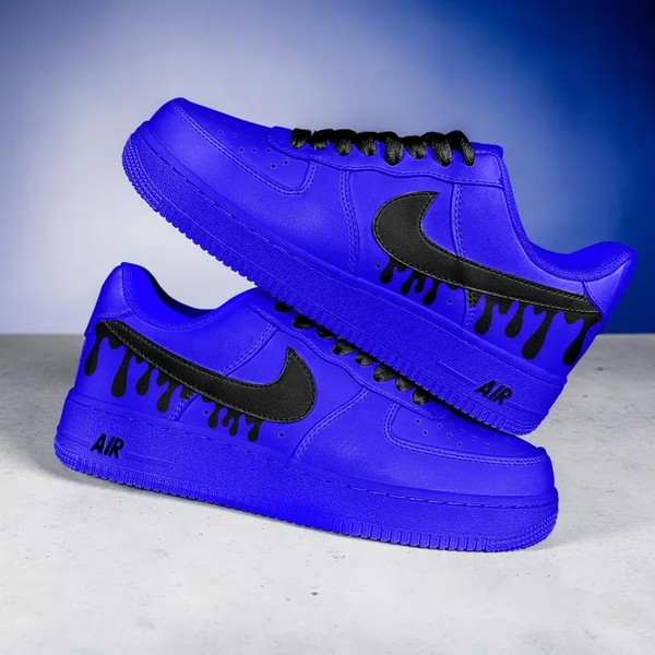 Hand Painted Royal Blue Drip AF1 Sneakers, Custom Royal Black Blue AF1 Sneakers, Back Dripping Shoes, Bold Drip Design. - Custom Hand-Painted Shoes | ZivoSell