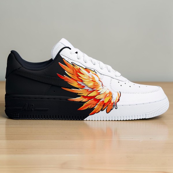 Fire Wing Custom AF1 Sneakers, Hand Painted Phoenix Wing Shoes, Split Black White AF1 Sneakers,Angel Wings AF1 Shoes, Gift for Sneakerheads - Custom Hand-Painted Shoes | ZivoSell