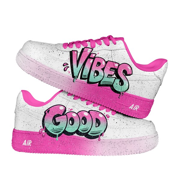 Hand Painted Good Vibes Graffiti AF1 Sneakers, Custom Hand Painted Pink Sneakers, Pink Splash Shoes, Personalized Gift for Teens & Women. - Custom Hand-Painted Shoes | ZivoSell