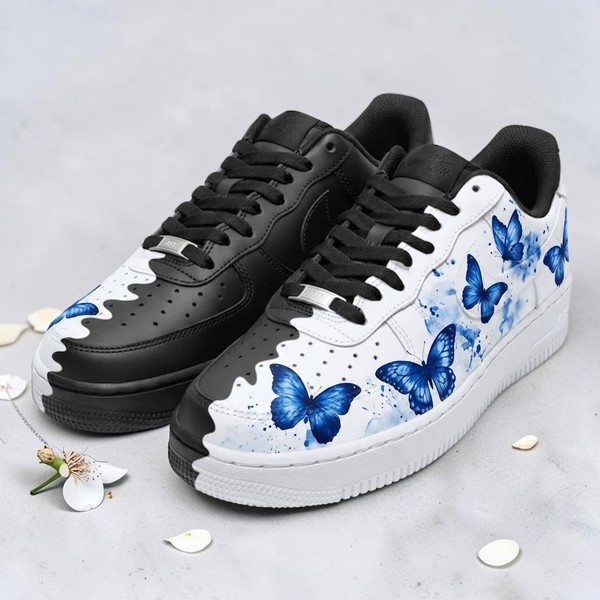 Custom Blue Butterfly AF1 Sneakers, Hand Painted Black and White Dual Tone Shoes, Unique Gift for Women and Teens. - Custom Hand-Painted Shoes | ZivoSell