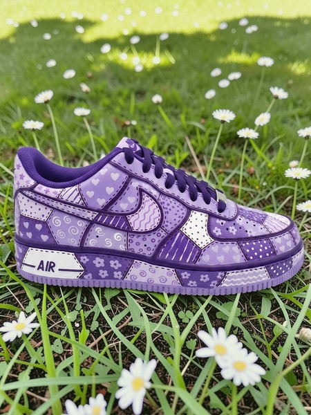 Purple Patchwork Sneakers, Hand-Painted Custom Shoes with Hearts & Florals, Personalized Low-Top Sneakers - Custom Hand-Painted Shoes | ZivoSell