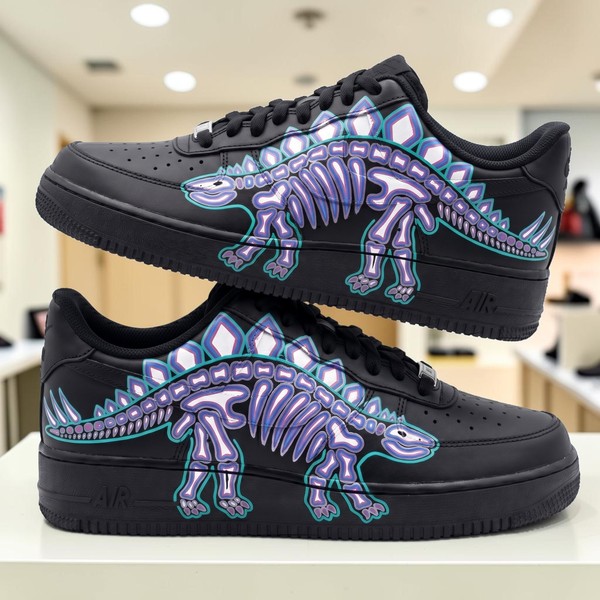 Dinosaur Skeleton Custom Sneakers, Hand Painted Fossil Shoes, Stegosaurus Art Sneakers, Neon Purple Blue Dino Design, Unique Gift for Dinosaur Fans - Custom Hand-Painted Shoes | ZivoSell