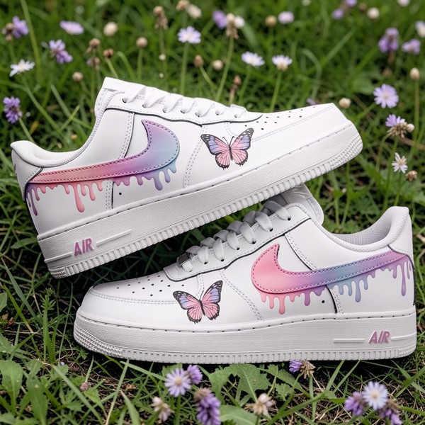Butterfly Custom White AF1 Sneakers, Hand Painted Drip Pastel Shoes, Purple and Pink AF1 Aesthetic Shoes, Gift for Her. - Custom Hand-Painted Shoes | ZivoSell