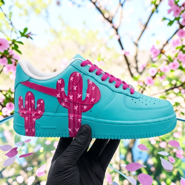 Turquoise Cactus Custom Sneakers, Hand-Painted Desert Design Shoes, Pink Cactus Low-Top Sneakers - Custom Hand-Painted Shoes | ZivoSell