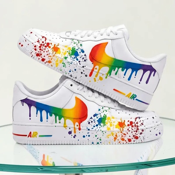 Rainbow Paint Splatter Custom AF1 Sneakers, Hand Painted Colorful Drip Sneakers, Personalized Pride Month Footwear, Unique Gift for Him/Her. - Custom Hand-Painted Shoes | ZivoSell