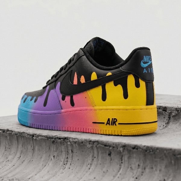 Vibrant Colorful Melting Drip Custom AF1, Hand Painted Colorful Sneakers, Black Base with Neon Rainbow Shoes, Unique Streetwear Sneakers. - Custom Hand-Painted Shoes | ZivoSell