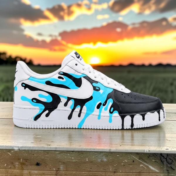 Custom Drip Sneakers, Hand-Painted Cyan Black White Splatter Shoes, Personalized Street Art Design Sneakers - Custom Hand-Painted Shoes | ZivoSell