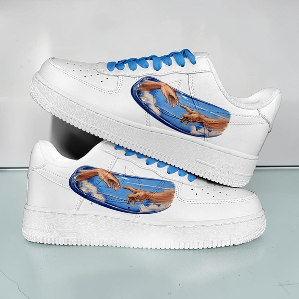 Custom Creation Art Sneakers, Hand-Painted Renaissance Design Shoes, Artistic Low-Top Sneakers with Blue Accents - Custom Hand-Painted Shoes | ZivoSell