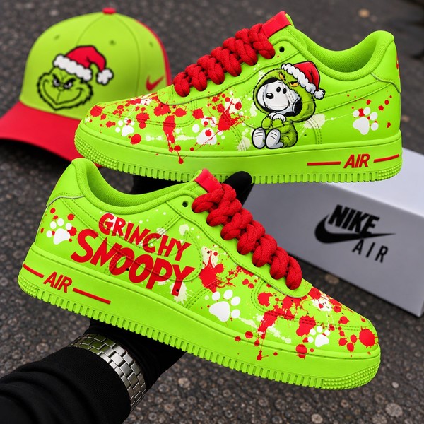 Snoopy Grinchy Holiday Sneakers, Custom Christmas Cartoon Character Kicks