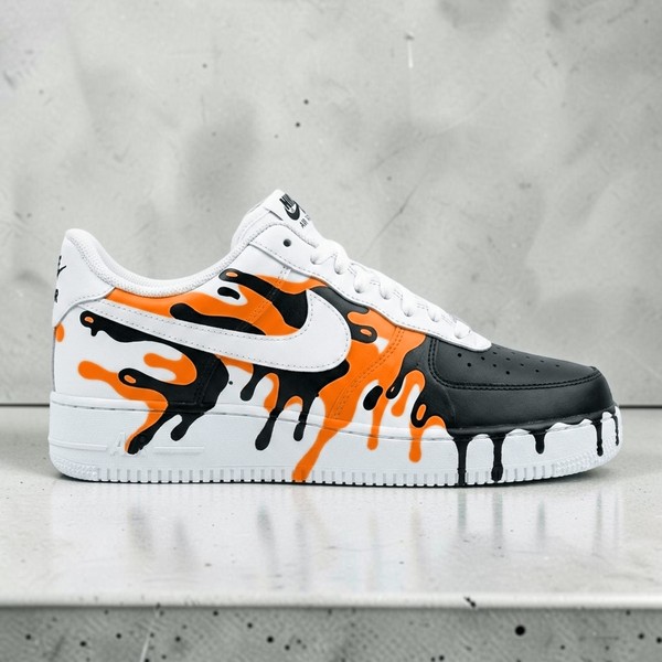 Custom Black Orange Drip AF1 Sneakers, Hand Painted Melting White Shoes, Bold Orange and Black AF1 Design, Unique Sneakers. - Custom Hand-Painted Shoes | ZivoSell
