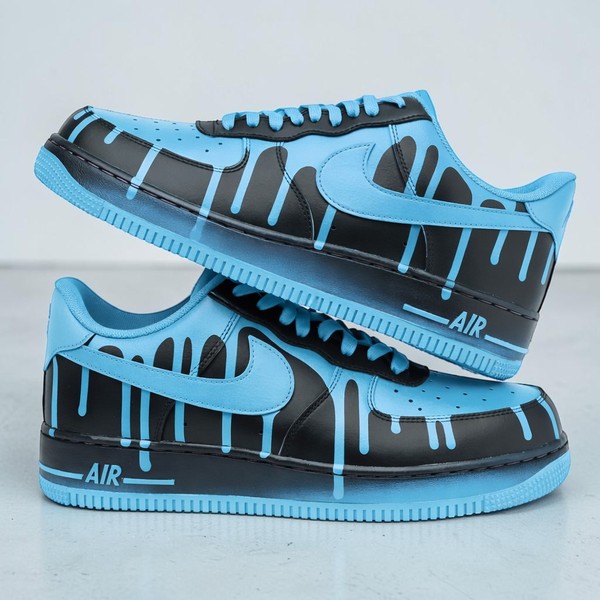 Custom Black with Light Blue Drip AF1 Sneakers, Hand Painted Sneakers Blue Drips, Unique Design Shoes, Custom AF1 Sneakers. - Custom Hand-Painted Shoes | ZivoSell