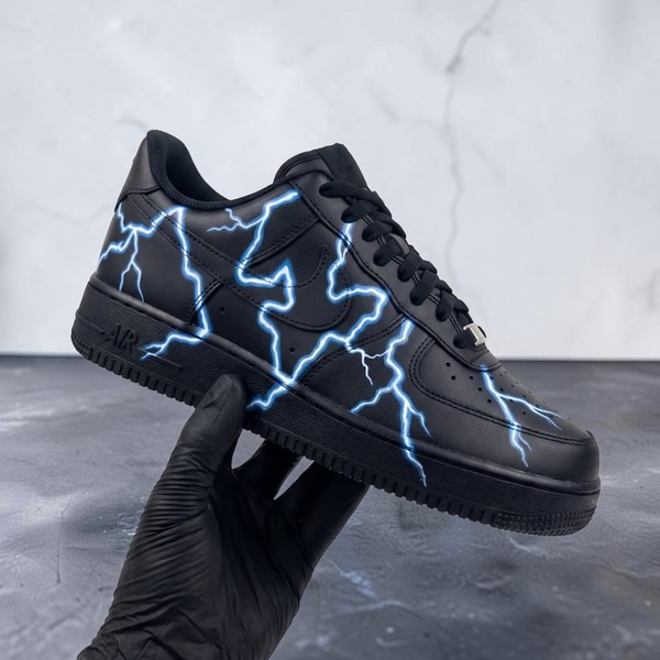 Custom Blue Lightning AF1 Sneakers, Hand Painted Black Shoes, Lightning Effect AF1 Sneakers, Unique Streetwear Style. - Custom Hand-Painted Shoes | ZivoSell