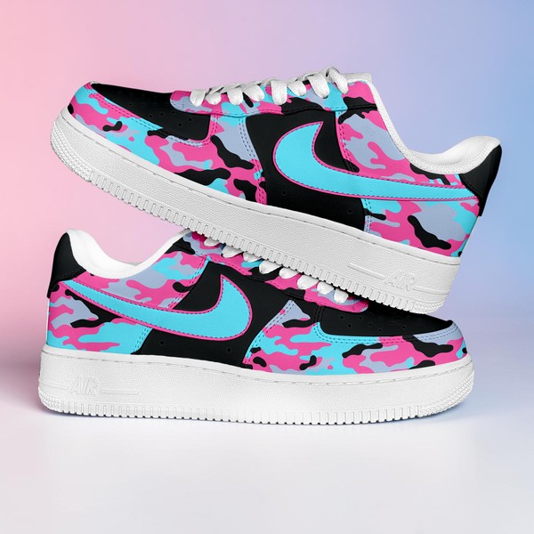 Custom Pink and Blue Camouflage AF1 Sneakers, Hand Painted Colorful Camo Shoes, Streetwear AF1, Unique Gift for Her Him. - Custom Hand-Painted Shoes | ZivoSell