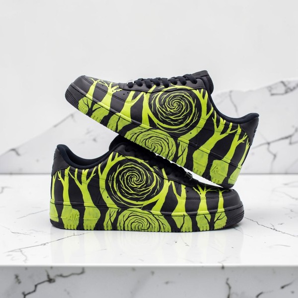 Neon Yellow Spiral Sneakers, Black & Lime Custom High-Top Shoes, Hypnotic Swirl Pattern Unisex Trainers - Custom Hand-Painted Shoes | ZivoSell