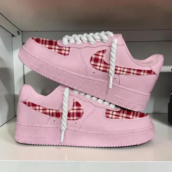 Custom Pink and Red Plaid Sneakers, Hand Painted Pink Pastel Checkered Shoes, Unique Patterned Sneakers, Gift for Men & Women. - Custom Hand-Painted Shoes | ZivoSell