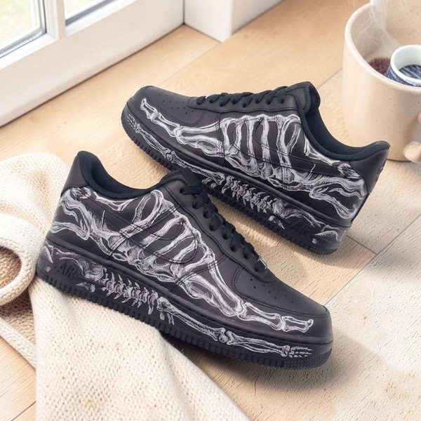 Skeleton Bone Custom Sneakers, Hand-Painted Black Low-Top Shoes, Gothic Street Art Design Unisex Kicks - Custom Hand-Painted Shoes | ZivoSell