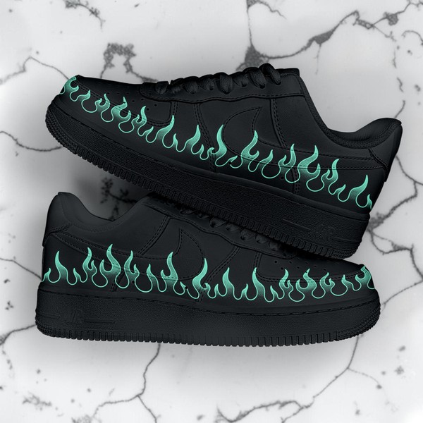 Custom Black Teal Flame Sneakers, Hand Painted Teal Fire Shoes, Unique Custom Black Sneakers, Gift for Him Her. - Custom Hand-Painted Shoes | ZivoSell