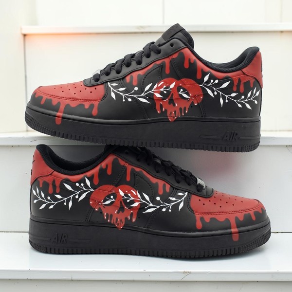 Custom Gothic Skull Sneakers, Red & Black Drip Design Shoes, Hand-Painted Floral Botanical Sneakers - Custom Hand-Painted Shoes | ZivoSell