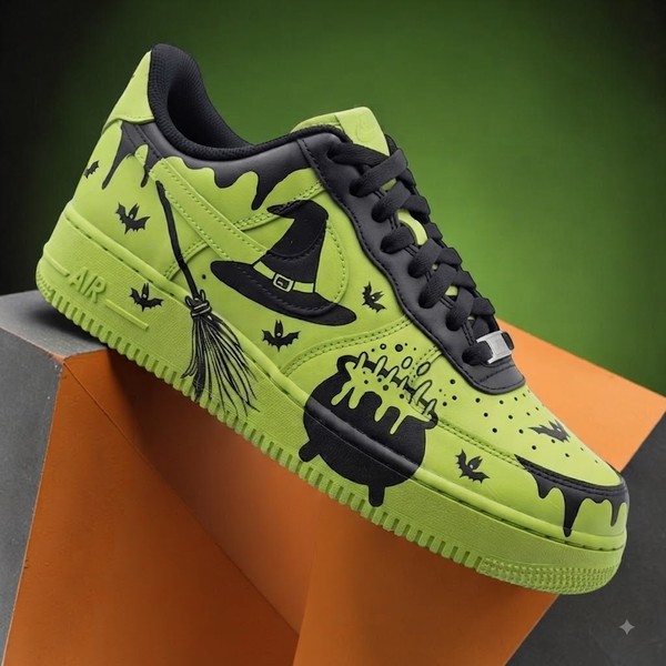 Halloween Witch Neon Sneakers, Custom Hand-Painted Lime Green Shoes, Black Cat Cauldron Design Air Force Style - Custom Hand-Painted Shoes | ZivoSell