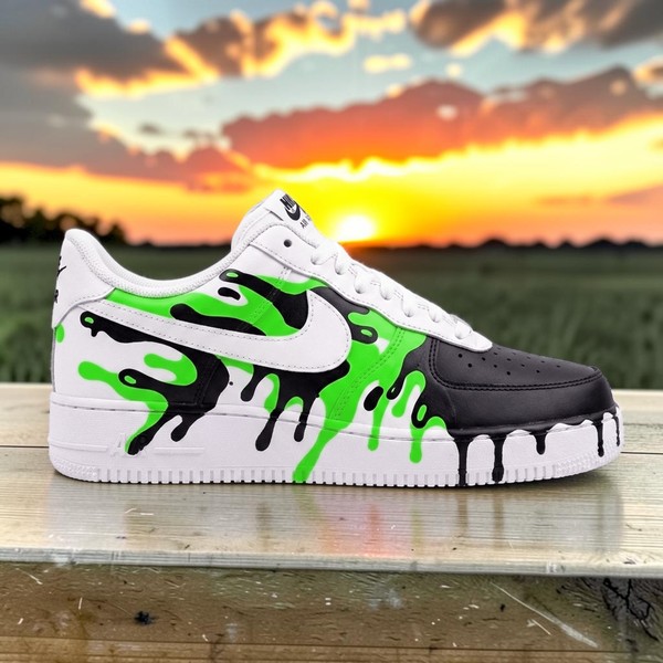 Custom Drip Sneakers, Neon Green Black White Paint Splatter Shoes, Hand-Painted Street Art Low-Top Sneakers - Custom Hand-Painted Shoes | ZivoSell