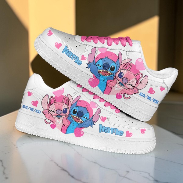 Custom Stitch Angel Design Sneakers, Personalized White Low-Top Shoes, Hand-Painted Character Sneakers with Pink Hearts - Custom Hand-Painted Shoes | ZivoSell