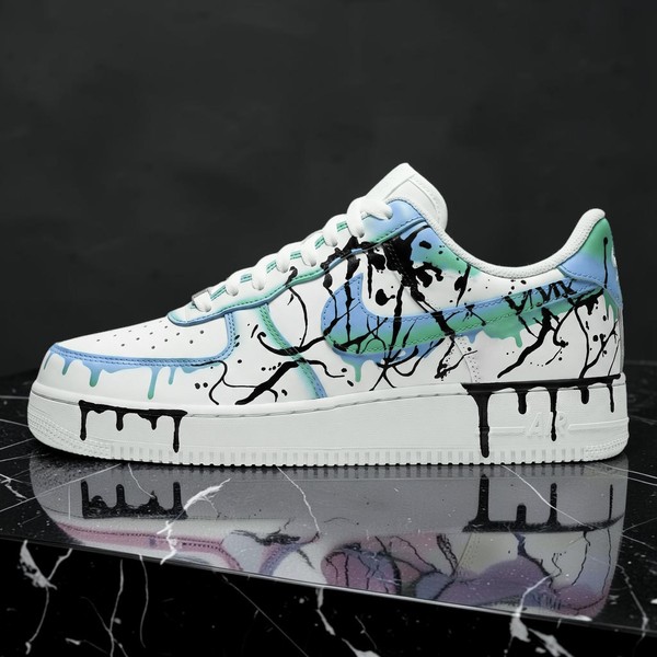 Custom Drip Sneakers, Hand-Painted Blue and Green Paint Drip Design Shoes, Personalized Sneakers for Art Lovers, Unique Graffiti Art - Custom Hand-Painted Shoes | ZivoSell