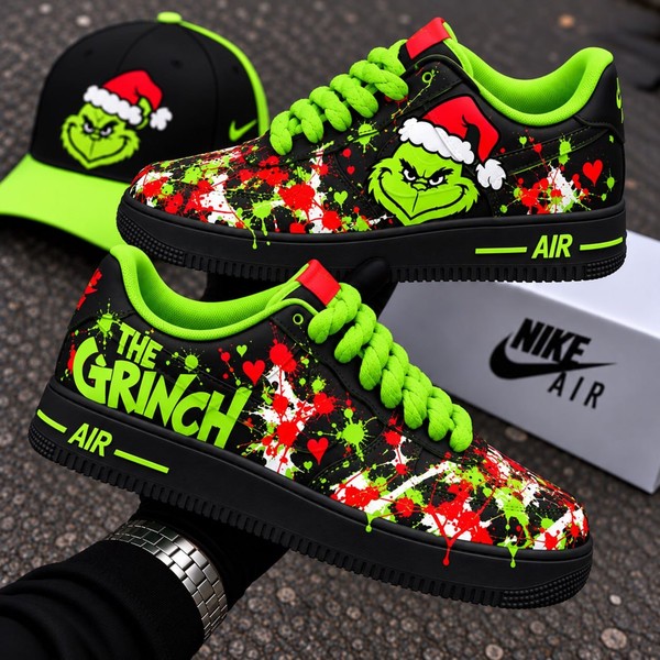 The Grinch Christmas Sneakers, Neon Lime Paint Splatter Air Shoes, Custom Holiday High-Tops with Red Santa Hat Design