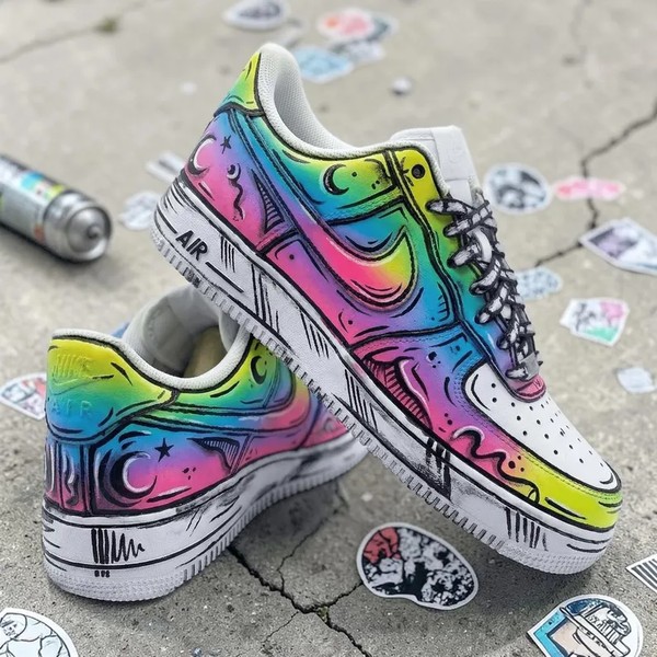 Custom Hand Painted AF1 Sneakers, Neon Rainbow Graffiti Art Design - Custom Hand-Painted Shoes | ZivoSell
